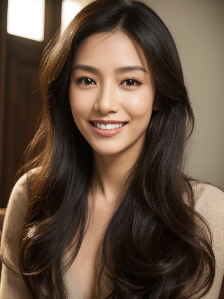 1girl, alone, solitary, high quality, (best quality,4k,8k,highres,masterpiece:1.2),ultra-detailed,(realistic,photorealistic,photo-realistic:1.37),gorgeous hair,black hair,long curly hair with bangs,puffy eyes,mole on the cheek,plump lips,jewelry,(high detailed skin:1.4),(light room:1.3),(rim lighting:1.3),(lit:1.3),(sunny day:1.3),indoors,portrait,beautiful smile, waist-length hair,perfect teeth,dimples on the cheeks,waist-length hair