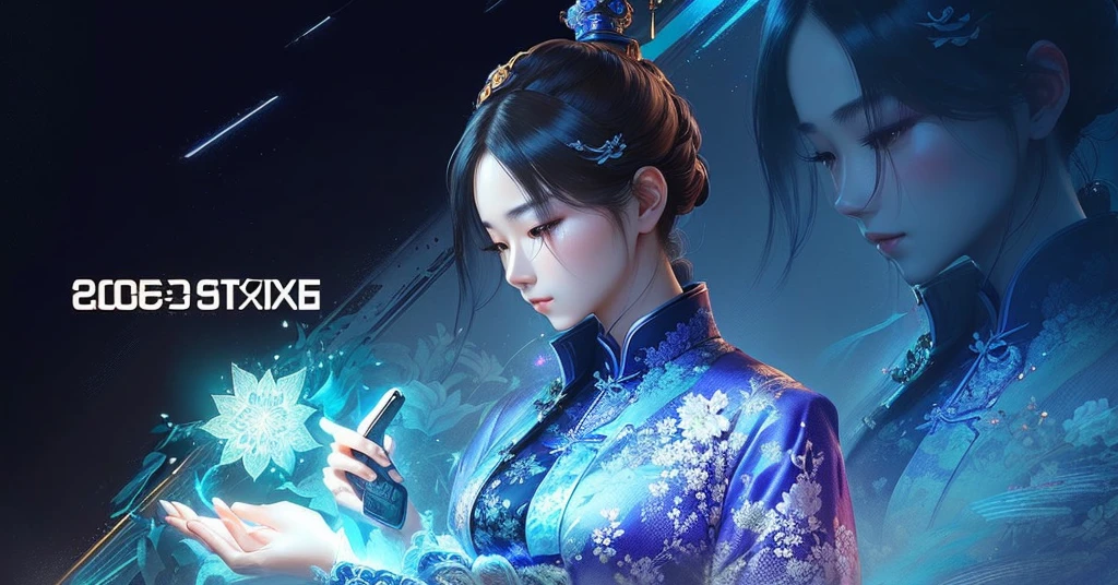 a close-up of a person holding a cell phone in a dark room, trends on cgstation, inspired by Leng Mei, inspired by Cao Buxing, stunning detailed art style, CG game, inspired by Li Shixing, inspired by Li Mei-shu, inspired by Cao Zhibai, High-quality, detailed artwork in 8K, Inspired by Xie He