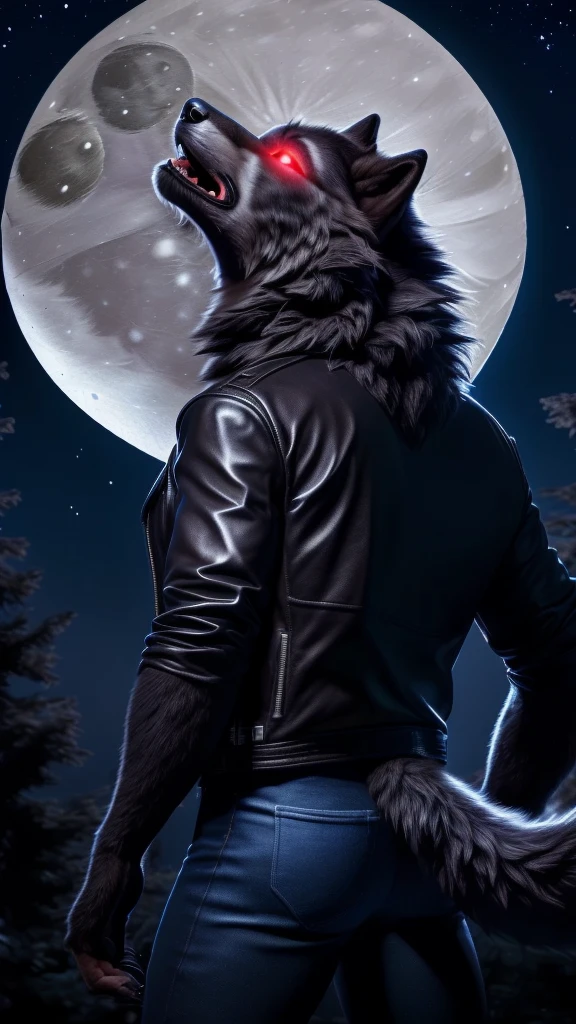 Posing, Male, 30 years old, (howling at the moon:1.8), (black leather jacket:1.8, anthro, wolf ears, (black fur:1.5), wolf, forest background at night, 8k, hi res, (best quality, masterpiece), red glowing eyes, (wolf tail:1.5), detailed fur, realistic, blue jeans