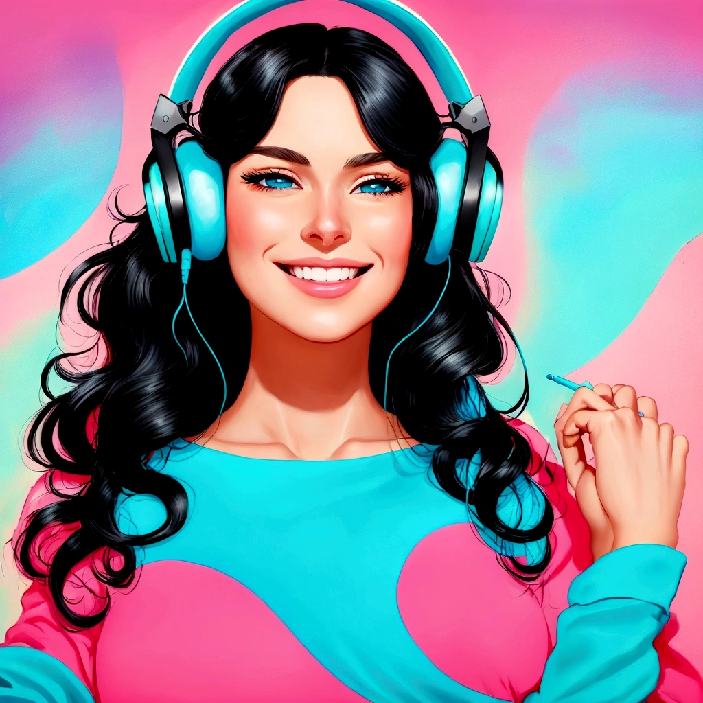 An oil painting of a smiling woman's face, listening to music with modern headphones, in a retrowave style. The woman has fair skin, long wavy black hair, and blue eyes. Her smile is subtle and conveys serenity. The headphones are modern, sleek, and neon blue. The background is simple and uncluttered, focusing entirely on the woman and her serene expression. The painting should capture the essence of the retrowave aesthetic with bright colors and bold, nostalgic elements.