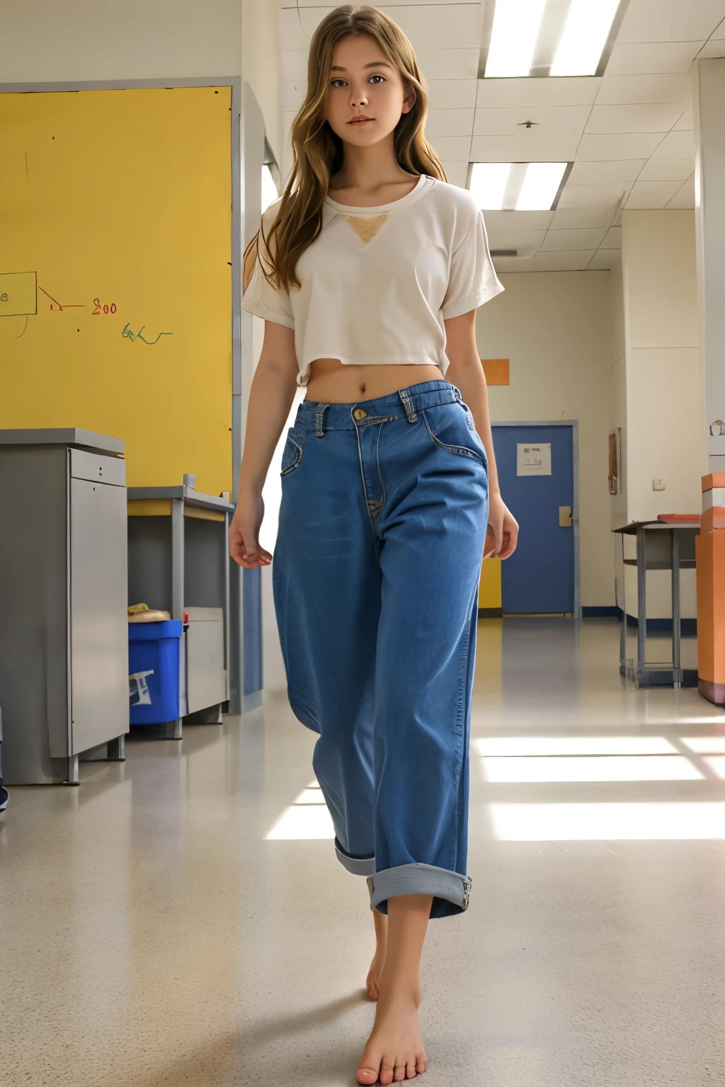 Girl is midriff and oversized pants walks barefoot in the school,
