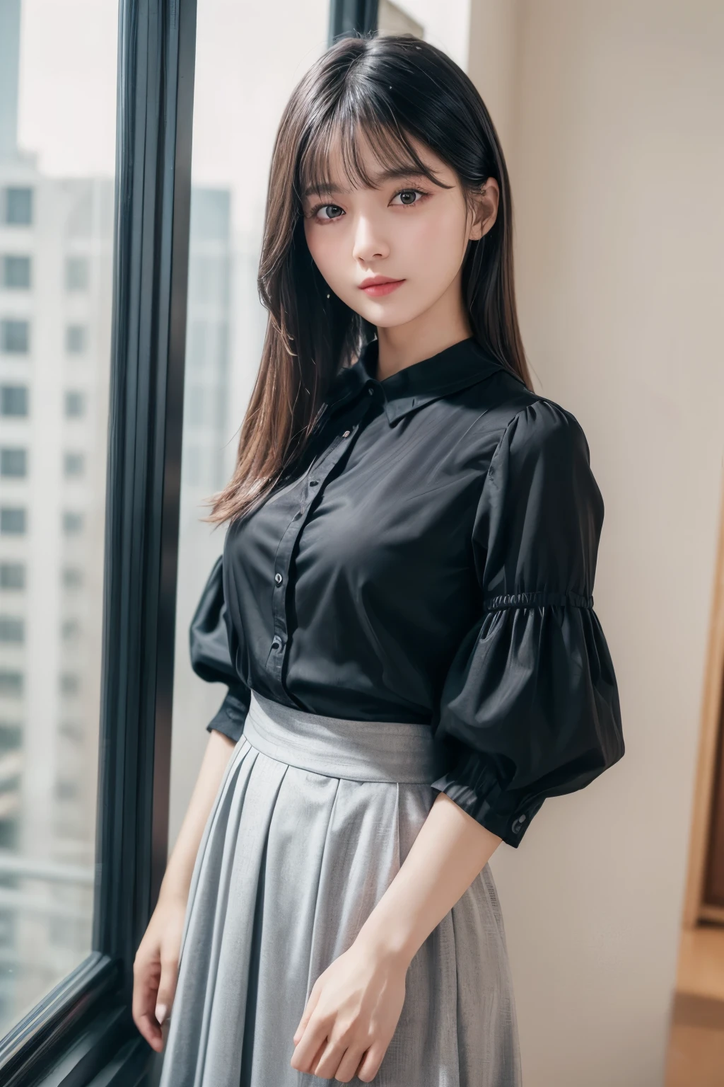 ((Best image quality、8K、masterpiece：1.3))、Realistic high-quality photos、Highest quality、Beautiful and graceful face and eyes、Black Hair、Shiny Hair、 OL、Wearing a short-sleeved blouse、Wear a long skirt、Full Body Shot.