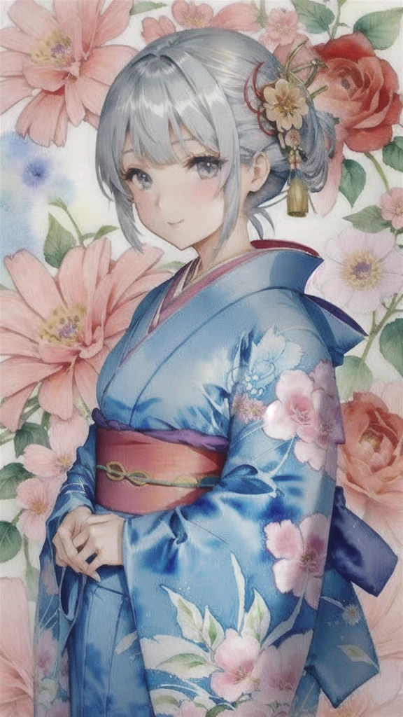 Poster,(Watercolor:1.2, 水分の多いWatercolor, 滲んだWatercolor),((Art Deco,Botanical Art,Flower Art)),(Floral:1.2),Crimson rose flower, (masterpiece, Highest quality),(Vibrant colors,colorful),(Amazing details,Detailed Background),Anatomically correct,Accurate drawing,Detail View,Sense of luxury, Perfect Anatomy, girl, かわいいgirl, Grey Hair, Grey Eyes, (kimono:1.5)