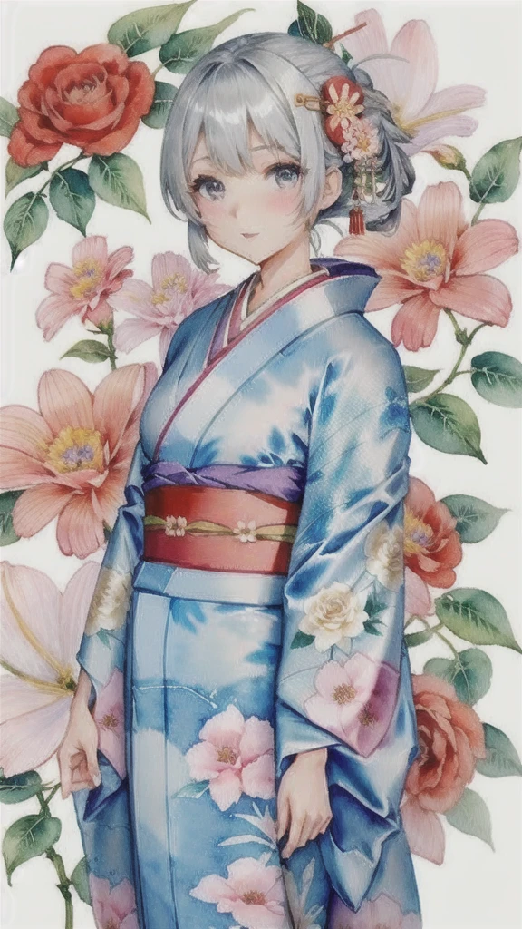 Poster,(Watercolor:1.2, 水分の多いWatercolor, 滲んだWatercolor),((Art Deco,Botanical Art,Flower Art)),(Floral:1.2),Crimson rose flower, (masterpiece, Highest quality),(Vibrant colors,colorful),(Amazing details,Detailed Background),Anatomically correct,Accurate drawing,Detail View,Sense of luxury, Perfect Anatomy, girl, かわいいgirl, Grey Hair, Grey Eyes, (kimono:1.5)