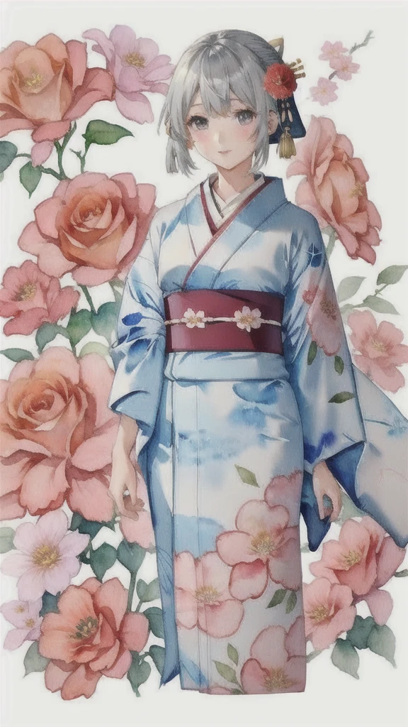 Poster,(Watercolor:1.2, 水分の多いWatercolor, 滲んだWatercolor),((Art Deco,Botanical Art,Flower Art)),(Floral:1.2),Crimson rose flower, (masterpiece, Highest quality),(Vibrant colors,colorful),(Amazing details,Detailed Background),Anatomically correct,Accurate drawing,Detail View,Sense of luxury, Perfect Anatomy, girl, かわいいgirl, Grey Hair, Grey Eyes, (kimono:1.5)