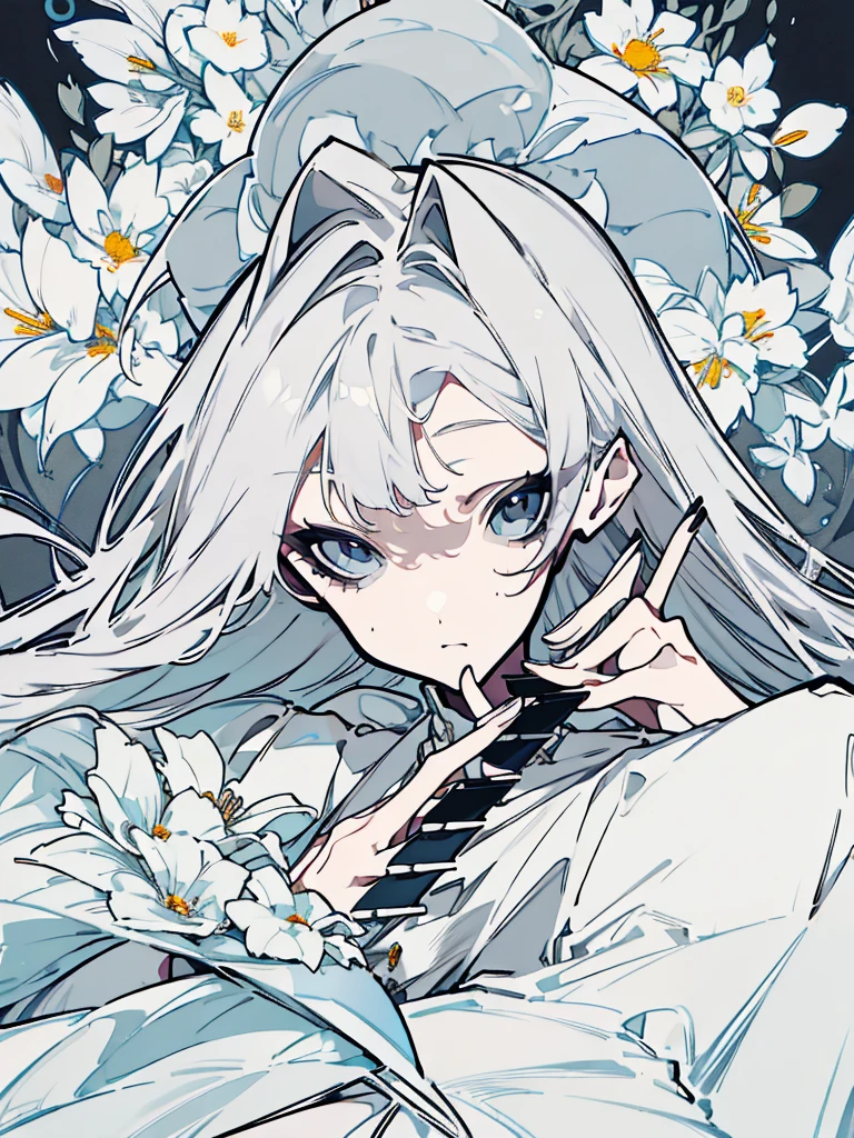 Masterpiece Best Night Full Moon 1 Woman Elder Sister Sister Yu Cold Face Expressionless Silver White Long Hair Woman Light Pink Lips Calm Intelligent Three Stripes Gray Eyes Killer Short Knife, flowers, hand details, Finger details,