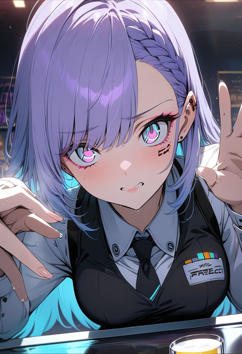 Adult female, cyberpunk bar, bartender, lavender hair, medium bust, apathetic, cleaning a glass, high detailed, high quality, 8k anime, perfect eyes, lavender eyes, expressive eyes, 5 fingers, perfect hands