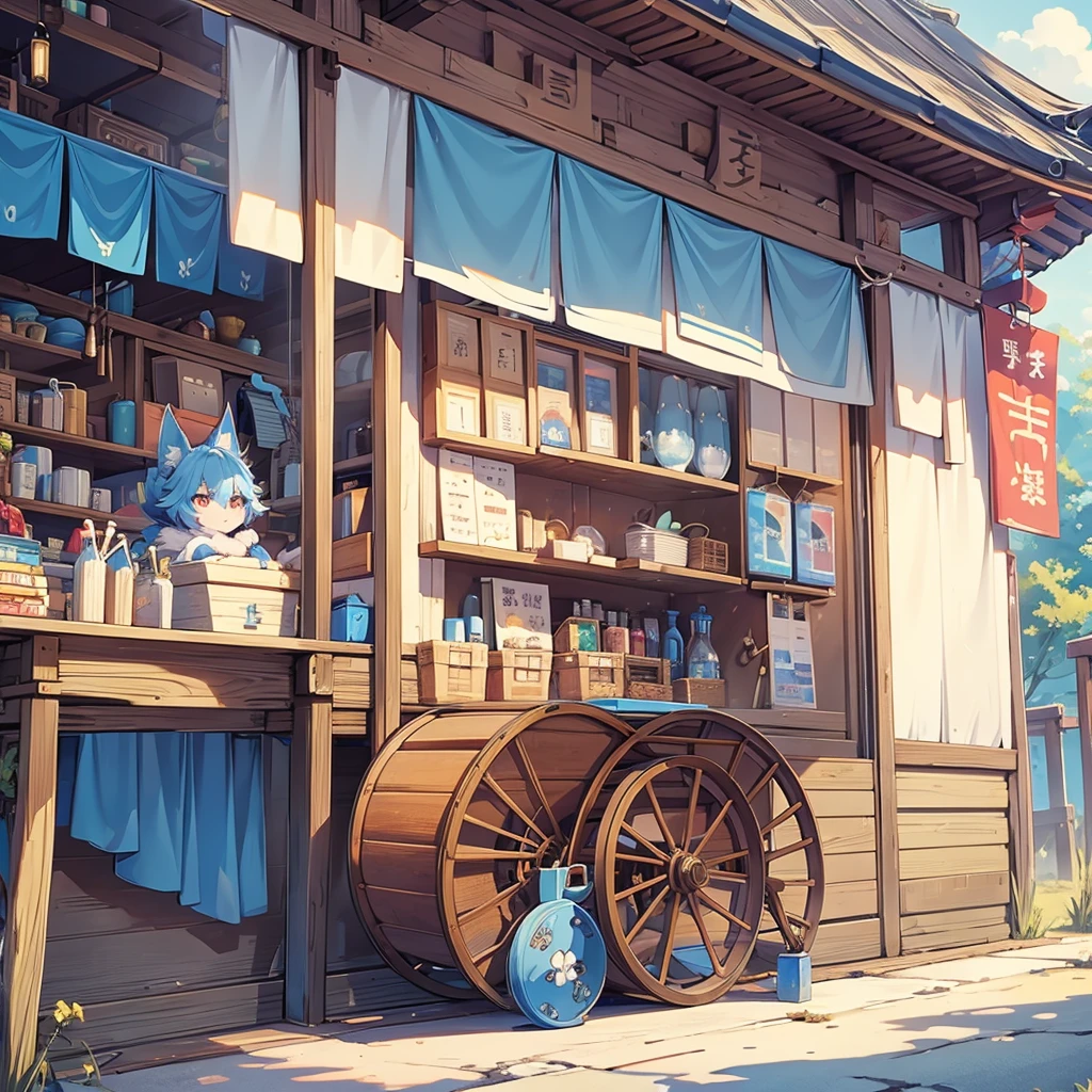 male, kitsune, caravan clothing, has blue ears, has blue fur, cart with nick-nacks behind him, selling stuff, shrine 