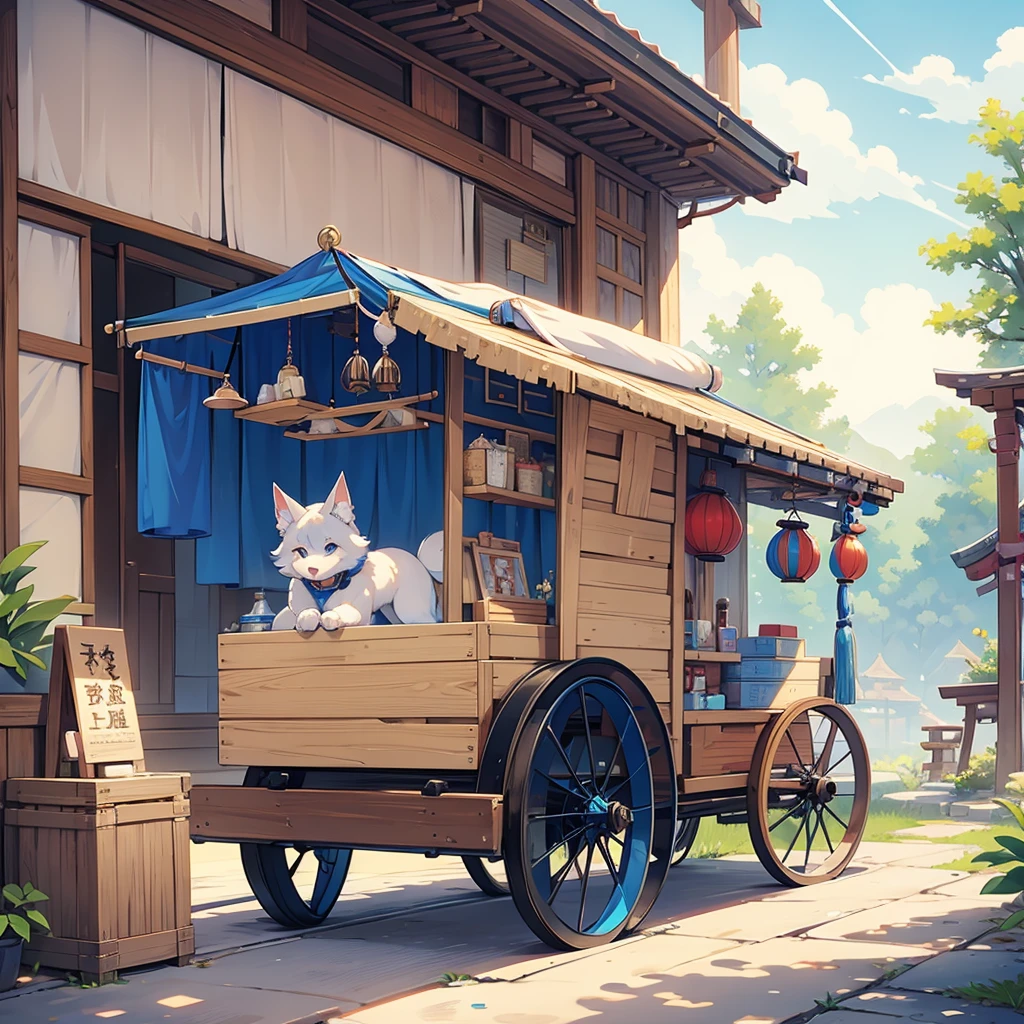 male, kitsune, caravan clothing, has blue ears, has blue fur, cart with nick-nacks behind him, selling stuff, shrine