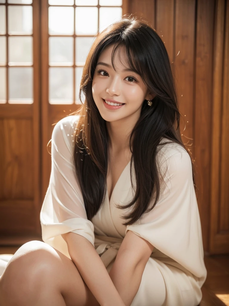 1girl, alone, solitary, high quality, (best quality,4k,8k,highres,masterpiece:1.2),ultra-detailed,(realistic,photorealistic,photo-realistic:1.37),gorgeous hair,black hair,long curly hair with bangs,puffy eyes,mole on the cheek,plump lips,jewelry,(high detailed skin:1.4),(light room:1.3),(rim lighting:1.3),(lit:1.3),(sunny day:1.3),indoors,portrait,beautiful smile, waist-length hair,perfect teeth,dimples on the cheeks,waist-length hair