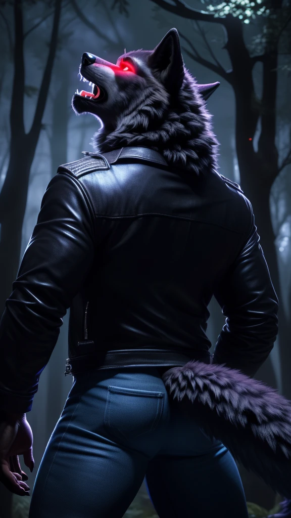 Posing, Male, 30 years old, (howling:1.8), (black leather jacket:1.8, anthro, wolf ears, (black fur:1.5), wolf, forest background at night, 8k, hi res, (best quality, masterpiece), red glowing eyes, (wolf tail:1.5), detailed fur, realistic, blue jeans
