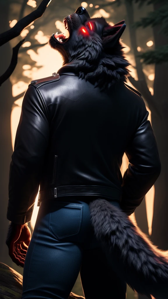 Posing, Male, 30 years old, (howling:1.8), (black leather jacket:1.8, anthro, wolf ears, (black fur:1.5), wolf, forest background at night, 8k, hi res, (best quality, masterpiece), red glowing eyes, (wolf tail:1.5), detailed fur, realistic, blue jeans