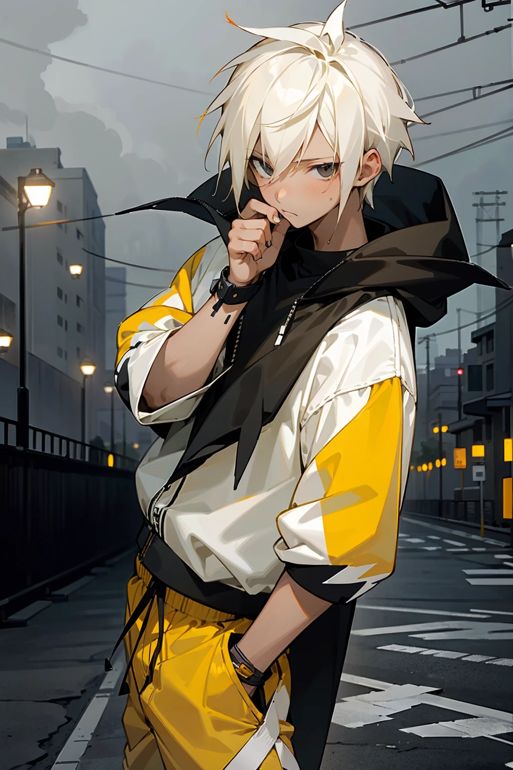 1male, tan skin, teenager, lightning hair, spiked short hair, black eyes, yellow hair, white hair, half yellow half white hair, bored expression, open black and white shirt, joggers, city background, lightning background, detailed background, detailed face, standing on path, hand to side