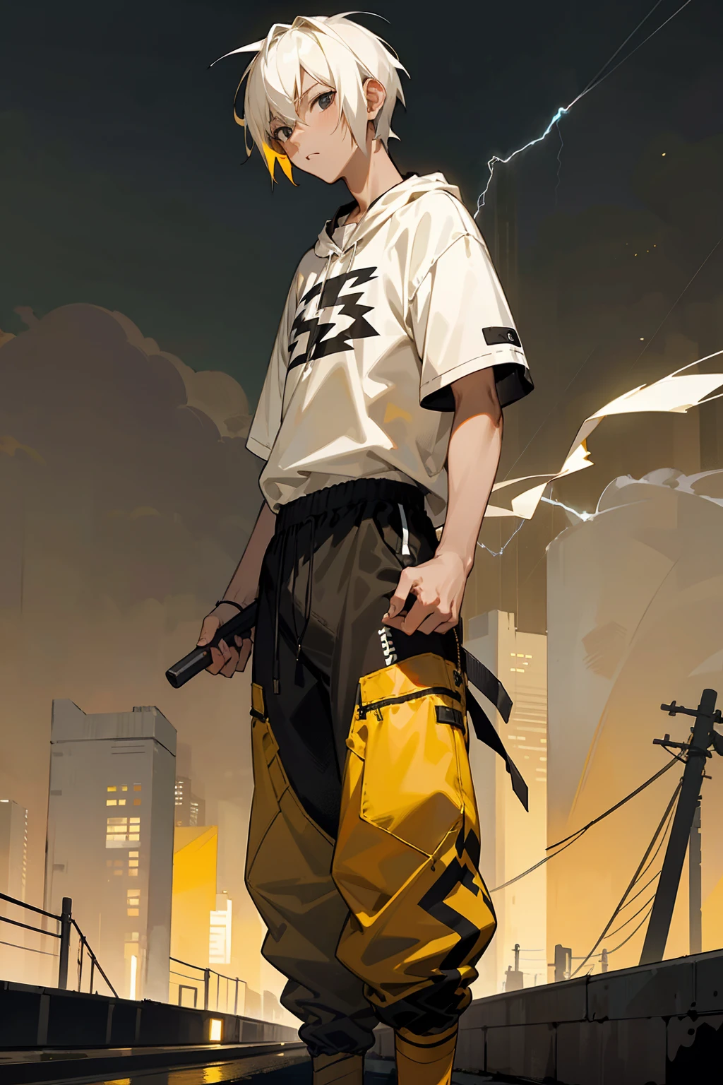 1male, tan skin, teenager, lightning hair, spiked short hair, black eyes, yellow hair, white hair, half yellow half white hair, bored expression, open black and white shirt, joggers, city background, lightning background, detailed background, detailed face, standing on path, hand to side