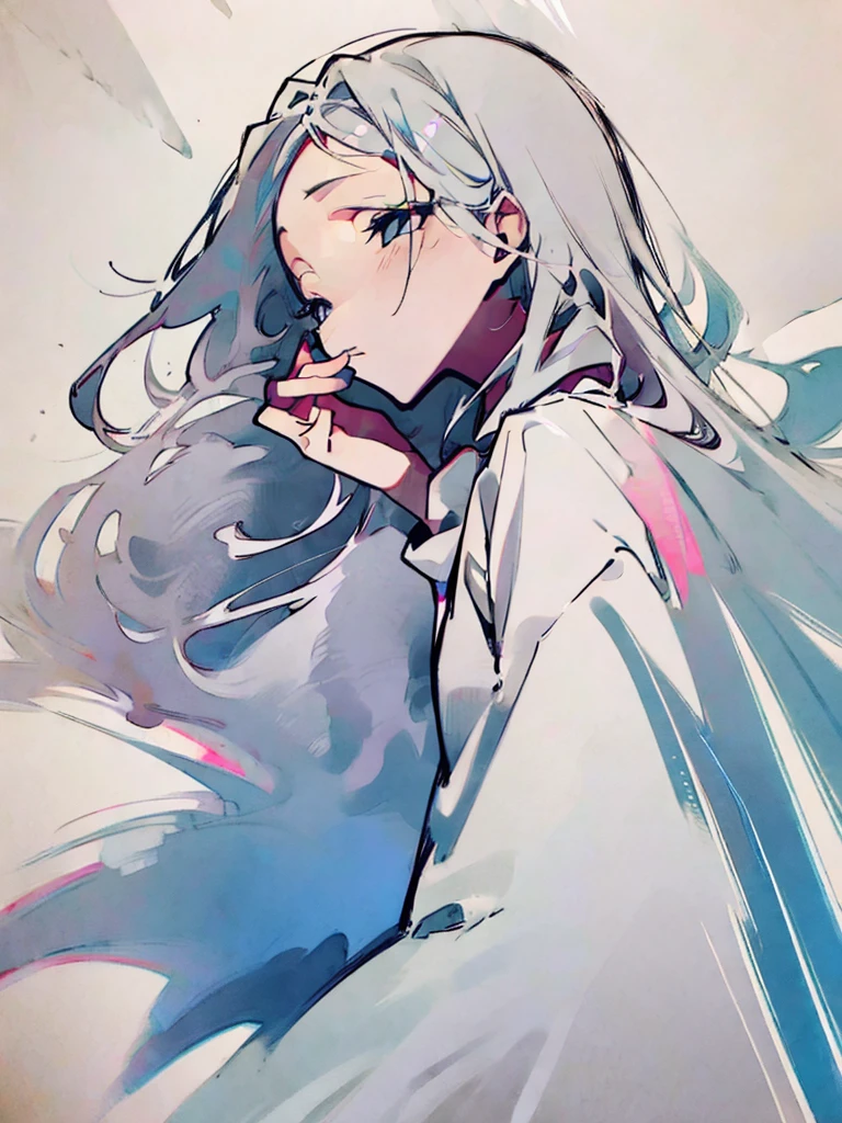 Masterpiece Best Night Full Moon 1 Woman Elder Sister Sister Yu Cold Face Expressionless Silver White Long Hair Woman Light Pink Lips Calm Intelligent Three Stripes Gray Eyes Killer Short Knife, flowers, hand details, Finger details,