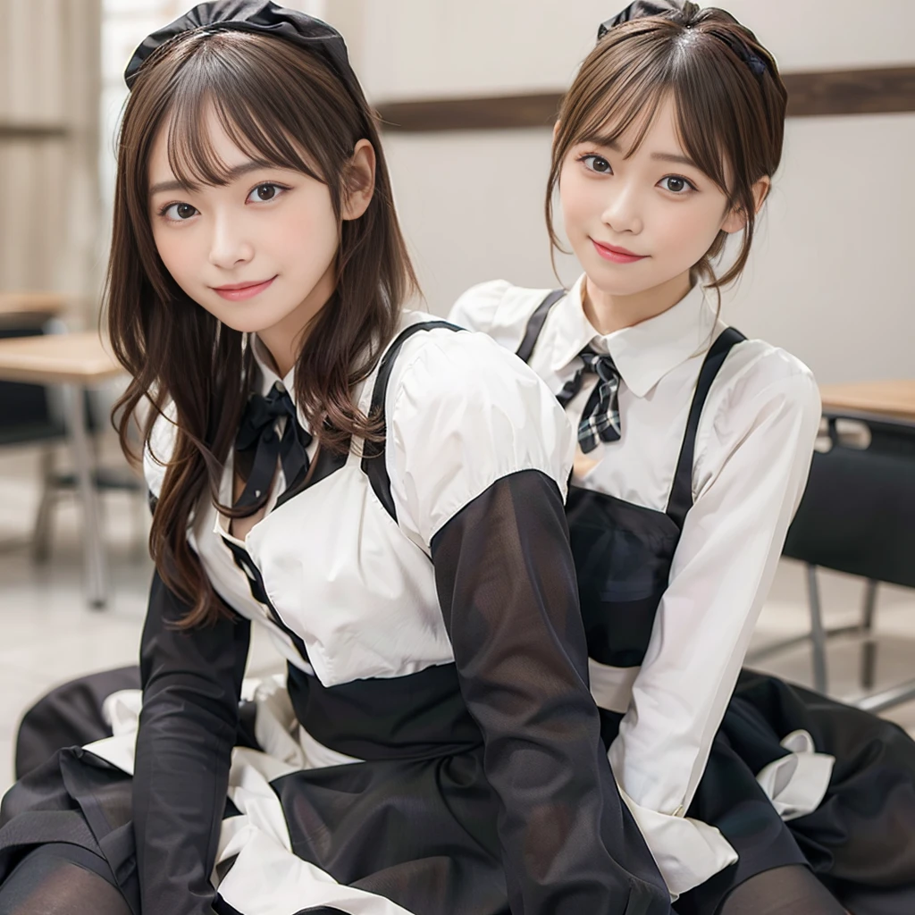 In 8K,Highest quality:1.4, Ultra-high resolution:1.5, (Realistic:1.4),masterpiece:1.2,(Highest quality:1.4)、 RAW Photos、 (The background is blurred), 1 Japanese girl, cute, (alone:1.4), (A shy smile), Smooth Skin、 (Brown medium hair,bangs),Nogizaka,Flexible fingertips,Beautiful dark eyes、dual、Natural skin texture:1.3, Realistic eye and facial details:1.7、Mid-breasted、Daytime、Tight ass:1.5、Staring at the audience,photographer5Step back, Hilarious,(Maid:1.2),bow,Long sleeve, Black sleeves,(Black checked long tights:1.5),Maidの頭飾り,Maid apronl,cafeteria,Upper Body:1.8,(Fine hair:1.1), (Fine grain:1.1)