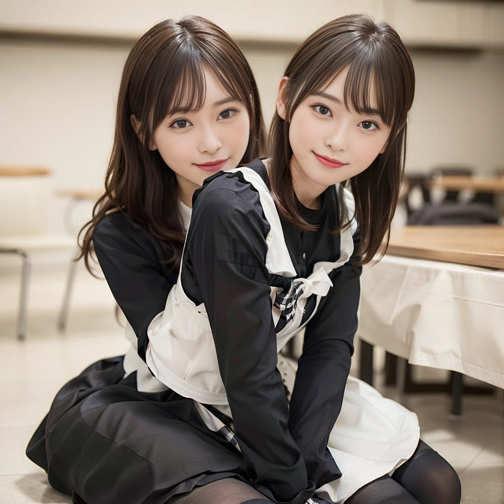 In 8K,Highest quality:1.4, Ultra-high resolution:1.5, (Realistic:1.4),masterpiece:1.2,(Highest quality:1.4)、 RAW Photos、 (The background is blurred), 1 Japanese girl, cute, (alone:1.4), (A shy smile), Smooth Skin、 (Brown medium hair,bangs),Nogizaka,Flexible fingertips,Beautiful dark eyes、dual、Natural skin texture:1.3, Realistic eye and facial details:1.7、Mid-breasted、Daytime、Tight ass:1.5、Staring at the audience,photographer5Step back, Hilarious,(Maid:1.2),bow,Long sleeve, Black sleeves,(Black checked long tights:1.5),Maidの頭飾り,Maid apronl,cafeteria,Upper Body:1.8,(Fine hair:1.1), (Fine grain:1.1)