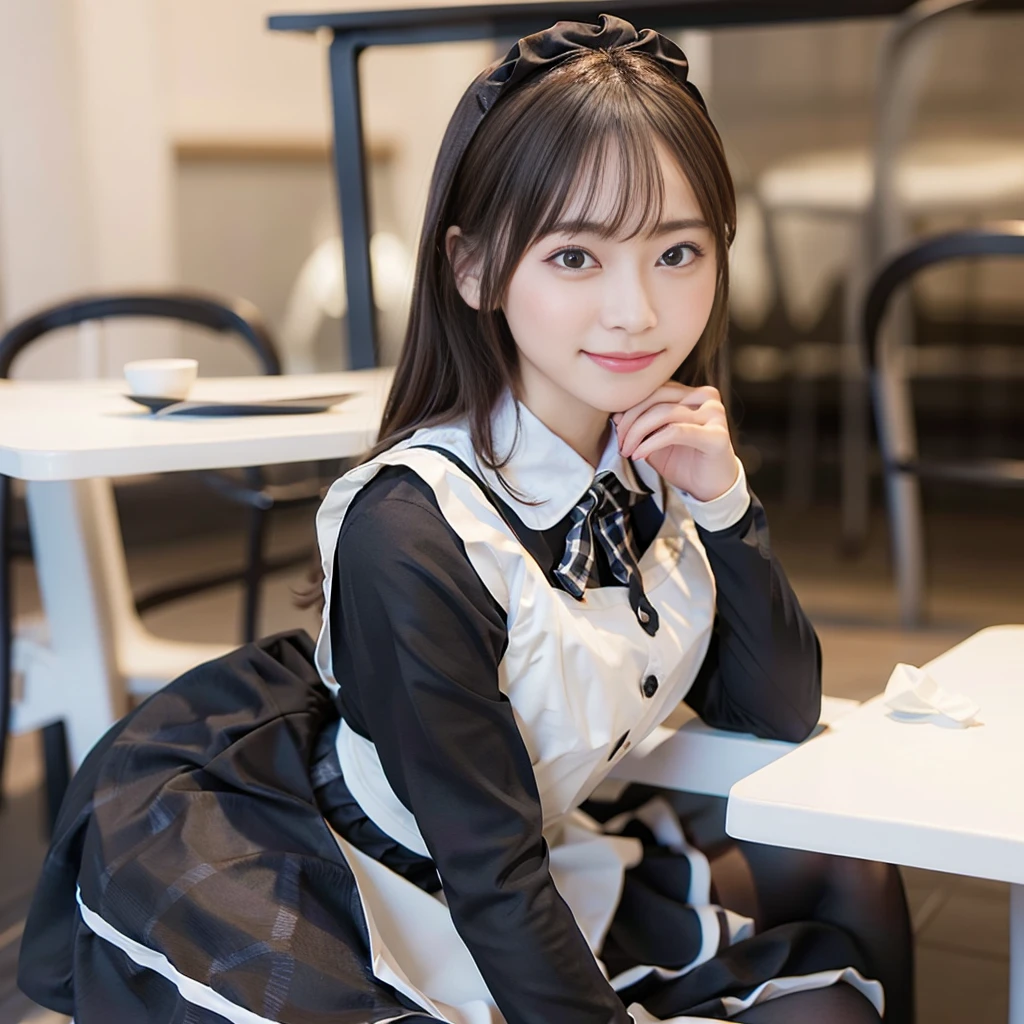 In 8K,Highest quality:1.4, Ultra-high resolution:1.5, (Realistic:1.4),masterpiece:1.2,(Highest quality:1.4)、 RAW Photos、 (The background is blurred), 1 Japanese girl, cute, (alone:1.4), (A shy smile), Smooth Skin、 (Brown medium hair,bangs),Nogizaka,Flexible fingertips,Beautiful dark eyes、dual、Natural skin texture:1.3, Realistic eye and facial details:1.7、Mid-breasted、Daytime、Tight ass:1.5、Staring at the audience,photographer5Step back, Hilarious,(Maid:1.2),bow,Long sleeve, Black sleeves,(Black checked long tights:1.5),Maidの頭飾り,Maid apronl,cafeteria,Upper Body:1.8,(Fine hair:1.1), (Fine grain:1.1)