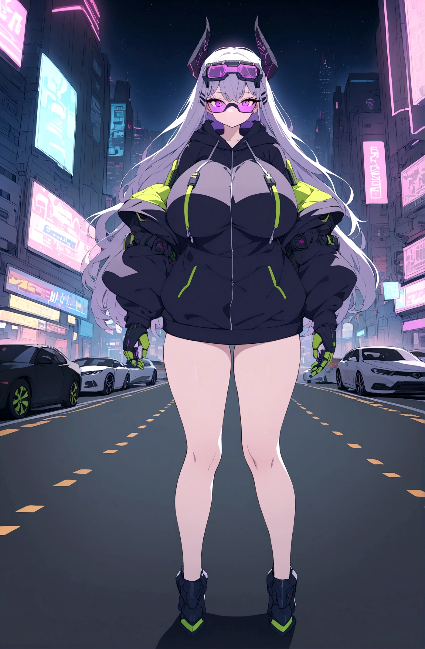 Slim  girl, huge tits,  standing at the middle of road, wearing black purple hoodie with (big oversized metal cyberpunk military power gloves), wearing cyber glasses, neon city, at night, cars, cybernetic horns