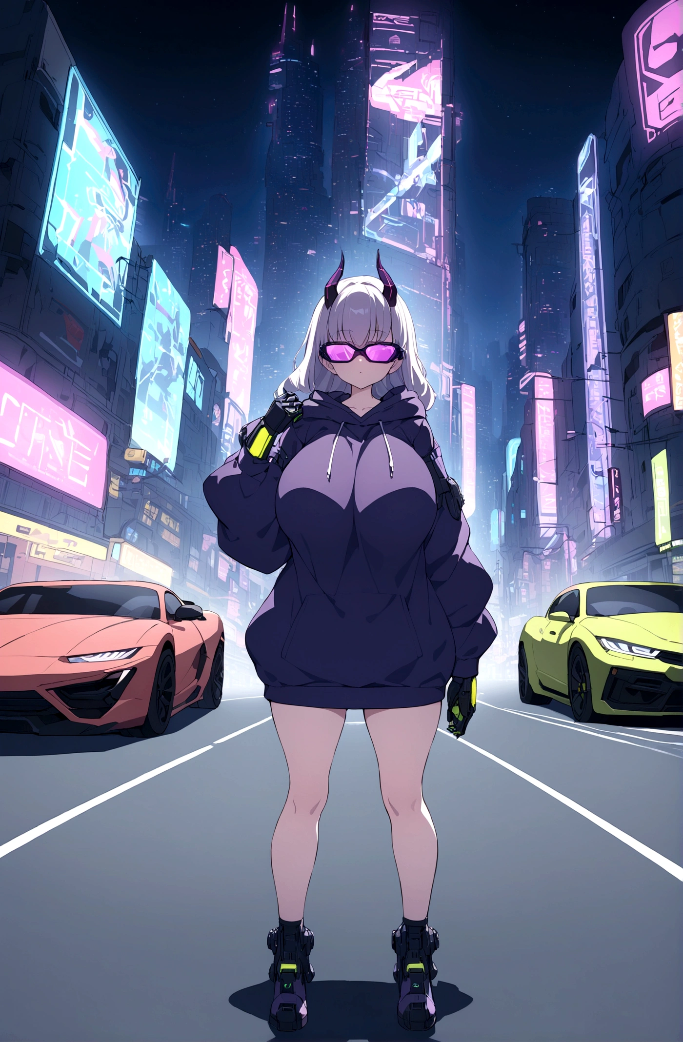 Slim teen girl, huge tits, standing at the middle of road, wearing black purple hoodie with (big oversized metal cyberpunk military power gloves), wearing cyber glasses, neon city, at night, cars, cybernetic horns