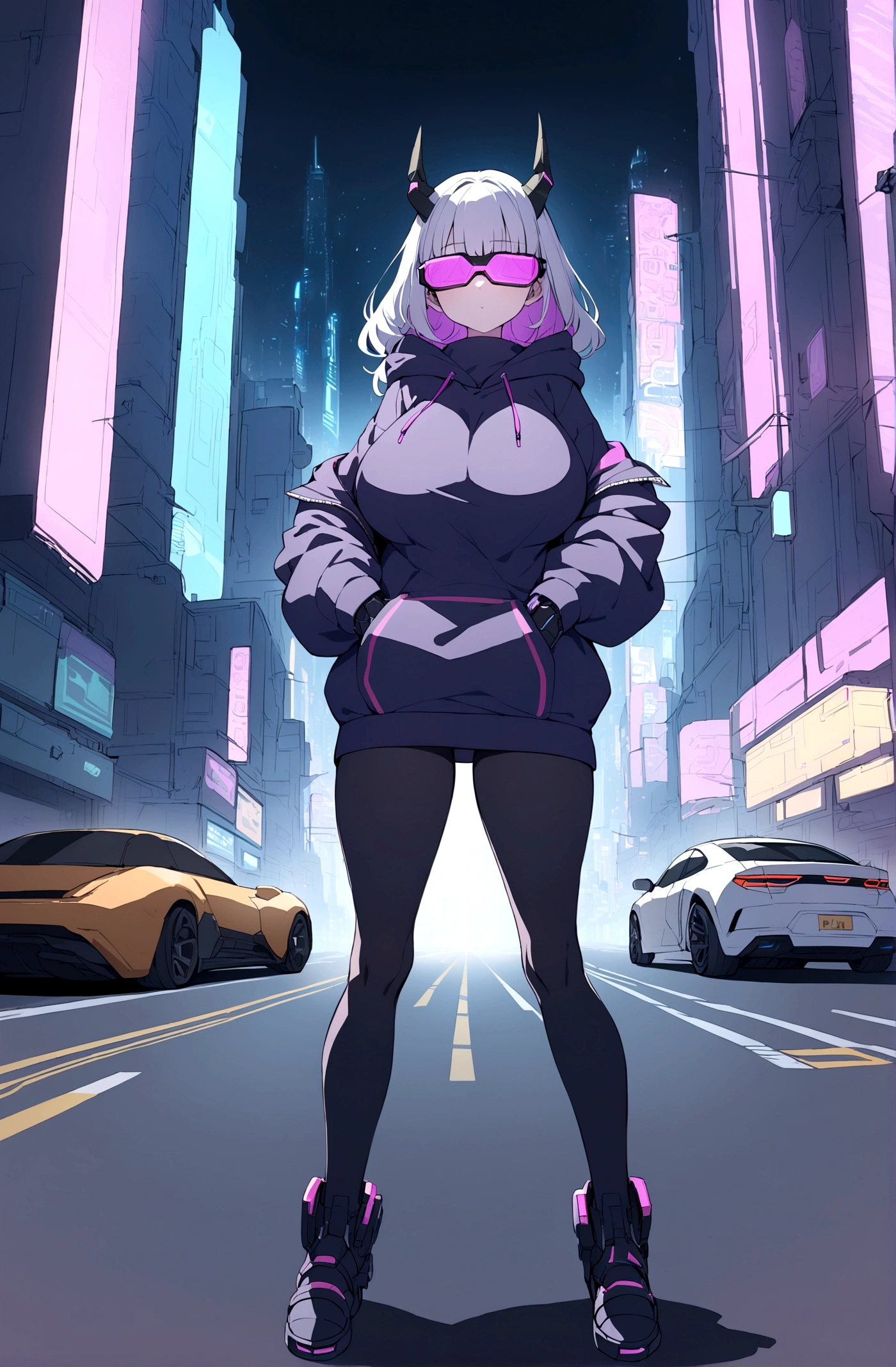 Slim teen girl, huge tits,  standing at the middle of road, wearing black purple hoodie with (big oversized metal cyberpunk military power gloves), wearing cyber glasses, neon city, at night, cars, cybernetic horns