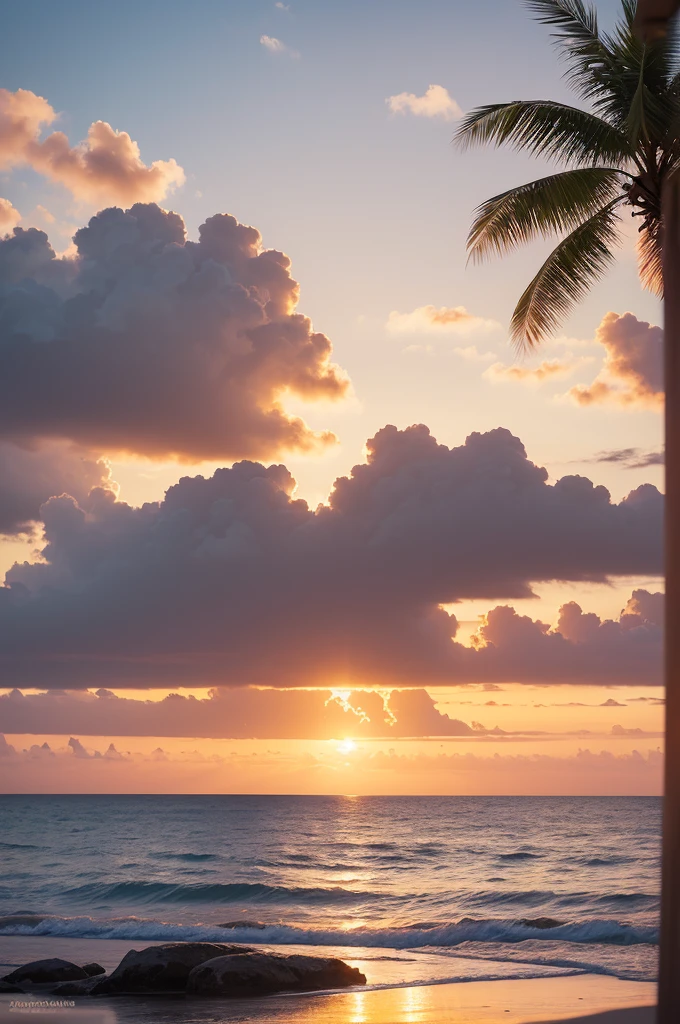 create an image of a tropical sunset with warm tones and soft colors. The landscape should include tall palm trees, a multicolored sky reflected in calm sea water and a few scattered clouds. The scene should convey tranquility and serenity, with a relaxing and welcoming atmosphere. Ensure lighting and shadows are well balanced to highlight the natural beauty of the room. Por favor, activate the algorithm so that the image generates an artistic representation faithful to the description