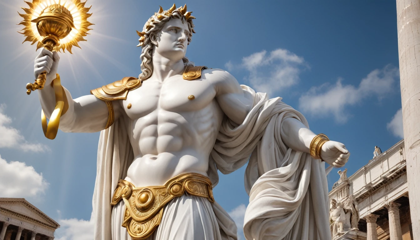 Apollo the God of the Sun, strong statue that demonstrates wisdom, hyper-realistic, super detailed, great legendary epic. He rebuilt and expanded the Temple on the Mount in Rome, making it one of the most magnificent and imposing temples