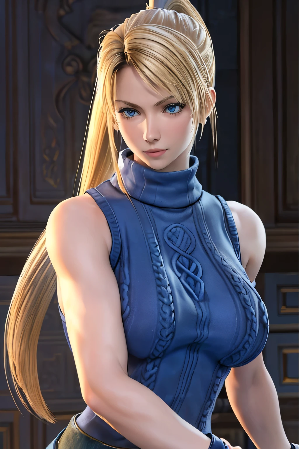 Sarah, blue eyes, very long hair, leaning on bench, (realistic:1.7), (toned arms:1.4), (fighting stance:1.5), (happy:1.8), (skinny girl:1.5), blonde hair, (high ponytail:1.4), floating hair, (detailed sweater:1.4), Shoulders exposed, (arms exposed:1.3), (medium breasts:1.3), (pushed up breasts:1.4), (curvy figure:0.7), (locker room), belt ,(sleeveless:1.6), boots, high heels, earrings, BREAK masterpiece, 1 girl, RAW photo, (best quality:1.2), extremely delicate beautiful, very detailed, 2k wallpaper, amazing, fine details, extremely detailed CG Unity 8k wallpaper, super detailed, high resolution, (beautiful detailed girl:1.2), perfect anatomy, (upper body:1.4), (Realistic, Photorealistic:1.5), (thin nose:1.2), (breast focus:1.3), high nose bridge, (blue clothes:1.2)