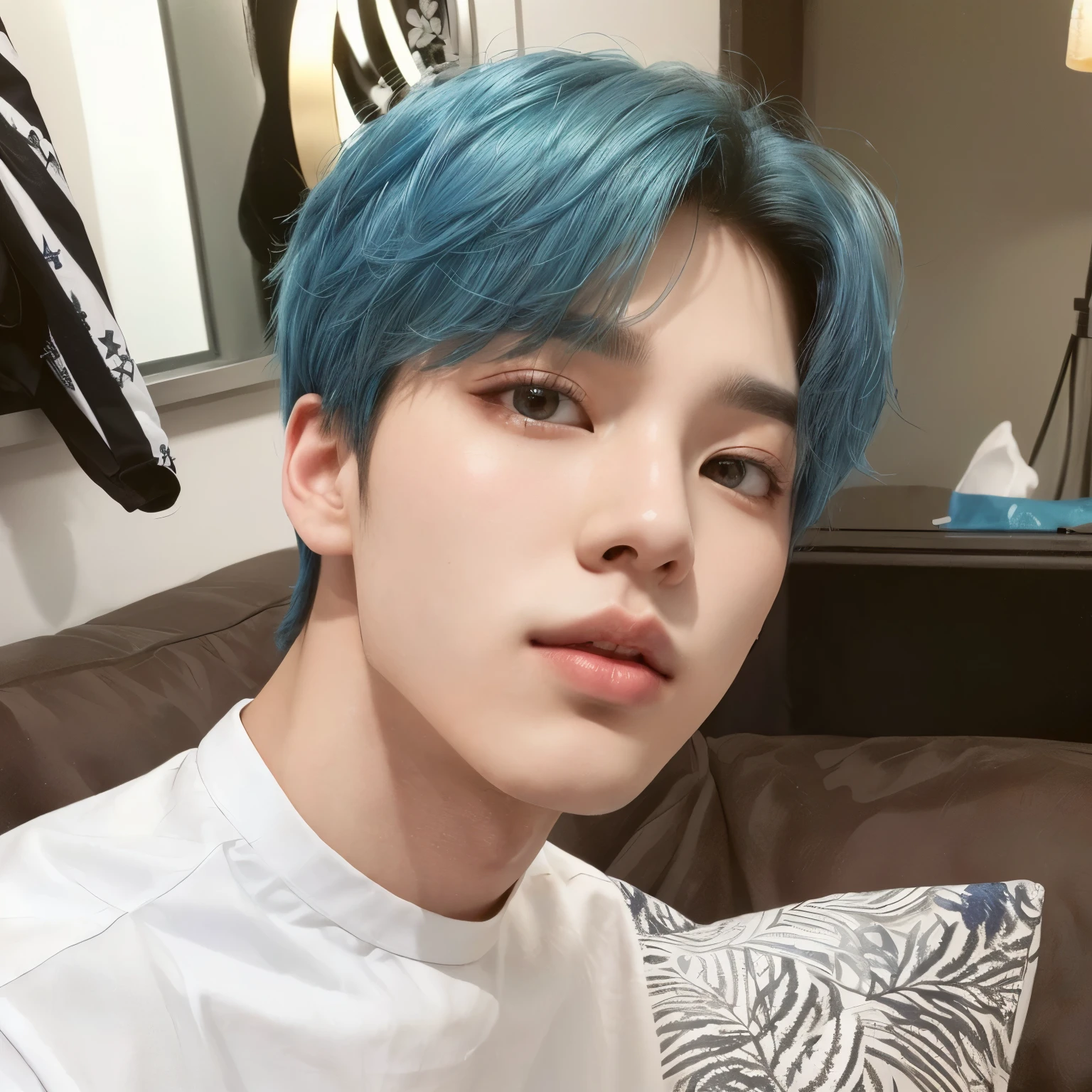 a close up of a person with blue hair and a white shirt, park Jimin, Jimin\the full lips, Jimin\the right eyelid is swollen, Jimin, Jimin\the Greek nose, accurate Jimin face, Kim Doyoung, hyung tae, jung jaehyun, Yoongi with black hair, Tae June Kim, with short hair, with same hairstyle