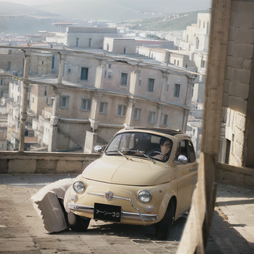 (FIAT500, classical old Italian Fiat 500 car, sassi_di_matera), Lupin III drives the yellow Fiat 500 through the alleys of the Sassi of Matera. Photorealistic shot giving the motion blur of speed. In background Sassi of Matera landscape. blurred foreground.