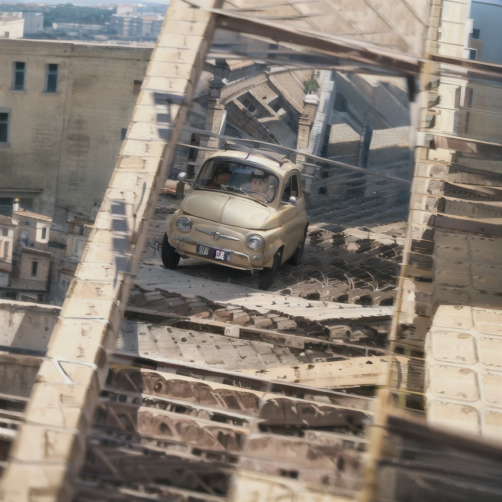 (FIAT500, classical old Italian Fiat 500 car, sassi_di_matera), Lupin III drives the yellow Fiat 500 through the alleys of the Sassi of Matera. Photorealistic shot giving the motion blur of speed. In background Sassi of Matera landscape. blurred foreground.