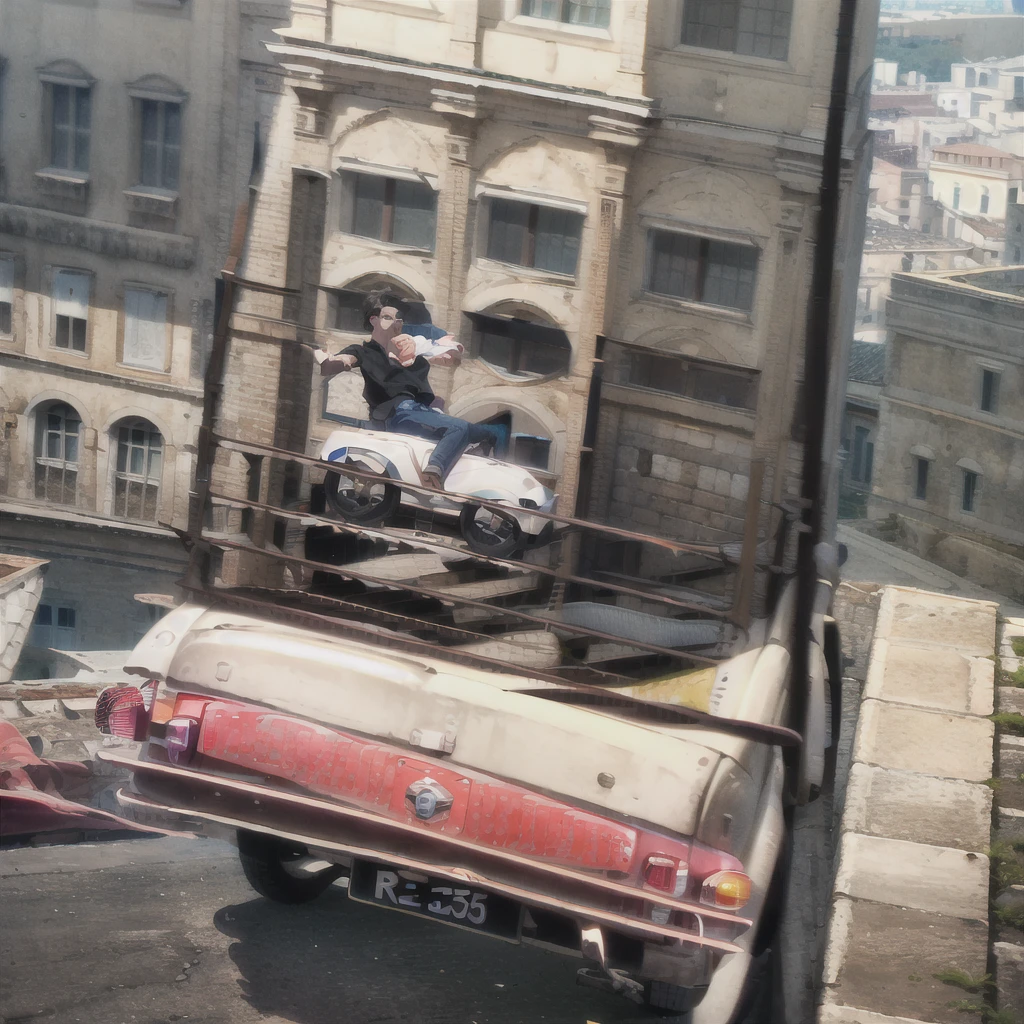 (FIAT500, classical old Italian Fiat 500 car, sassi_di_matera), Lupin III drives the yellow Fiat 500 through the alleys of the Sassi of Matera. Photorealistic shot giving the motion blur of speed. In background Sassi of Matera landscape. blurred foreground.