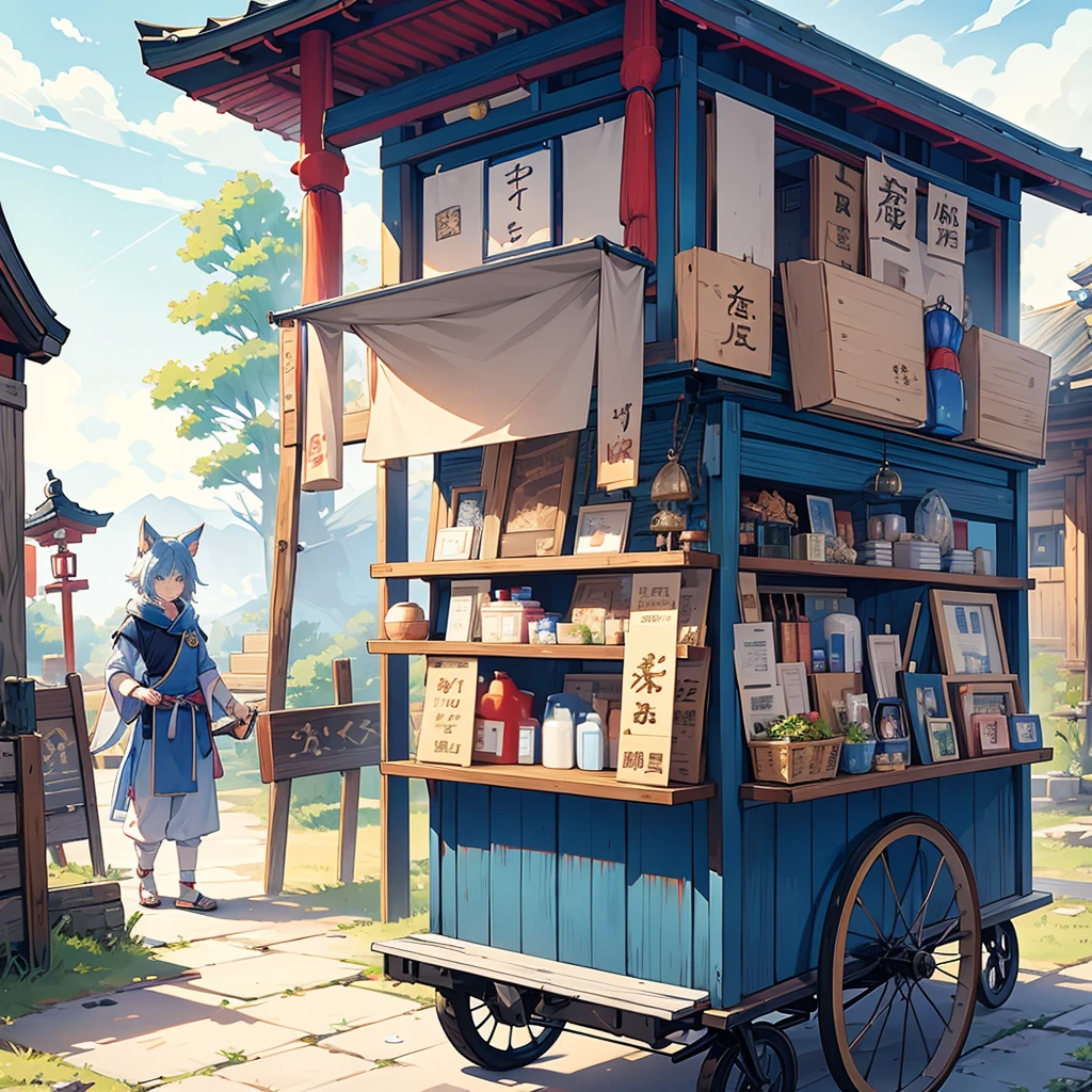 male, kitsune, caravan clothing, has blue ears, has blue fur, cart with nick-nacks behind him, selling stuff, shrine 