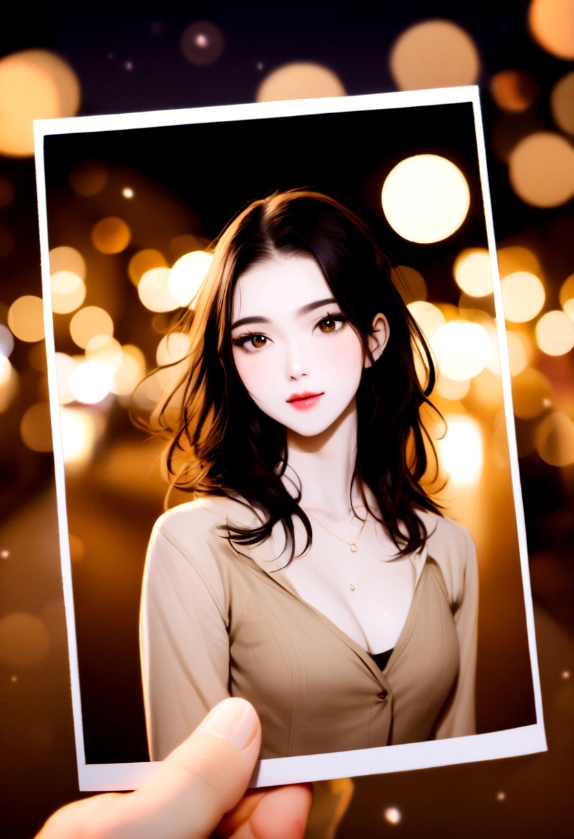 polaroid photo, night photo, 24 year old photo.oh beautiful woman, pale skin, bokeh, motion-blur