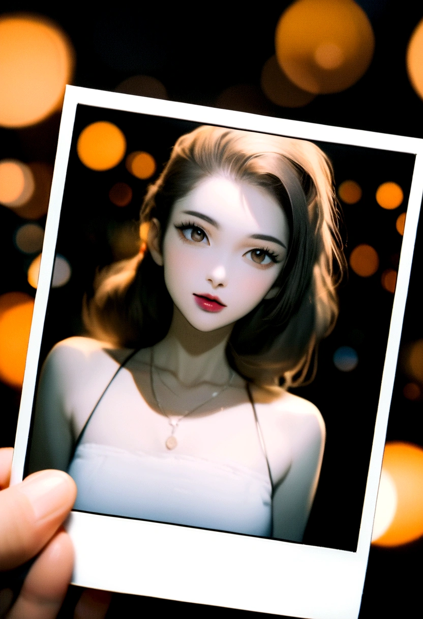 polaroid photo, night photo, 24 year old photo.oh beautiful woman, pale skin, bokeh, motion-blur