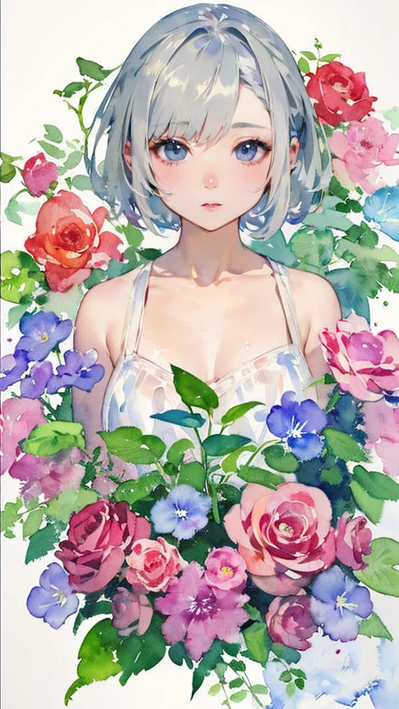 Poster,(Watercolor:1.2, 水分の多いWatercolor:1.3, 滲んだWatercolor:1.37),((Art Deco,Botanical Art,Flower Art)),(Floral:1.2),Crimson rose flower,
(masterpiece, Highest quality),(Vibrant colors,colorful),(Amazing details,Detailed Background),Anatomically correct,Accurate drawing,Detail View,Sense of luxury,
Perfect Anatomy, girl, かわいいgirl, Grey Hair, Grey Eyes,