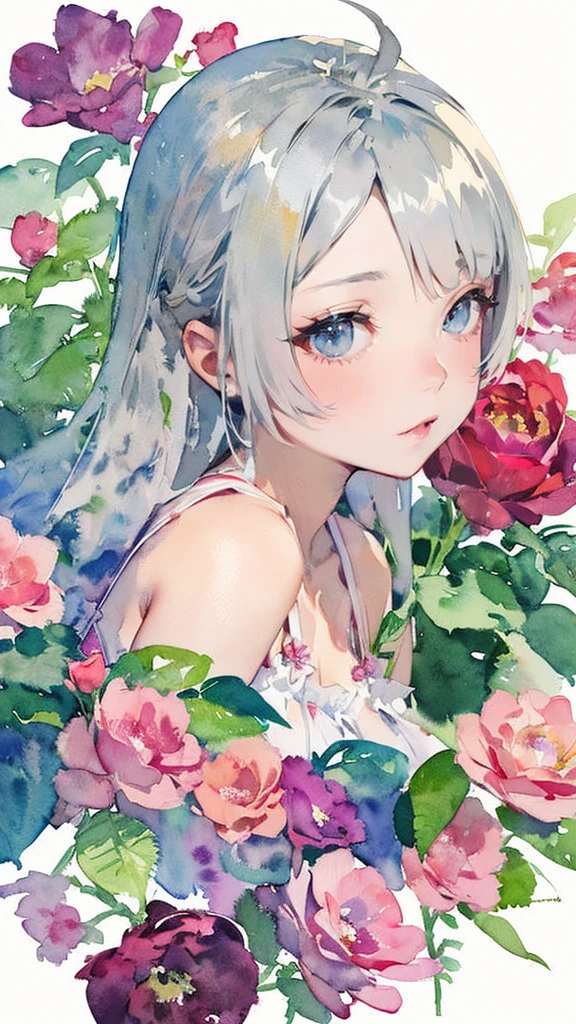 Poster,(Watercolor:1.2, 水分の多いWatercolor:1.3, 滲んだWatercolor:1.37),((Art Deco,Botanical Art,Flower Art)),(Floral:1.2),Crimson rose flower,
(masterpiece, Highest quality),(Vibrant colors,colorful),(Amazing details,Detailed Background),Anatomically correct,Accurate drawing,Detail View,Sense of luxury,
Perfect Anatomy, girl, かわいいgirl, Grey Hair, Grey Eyes,