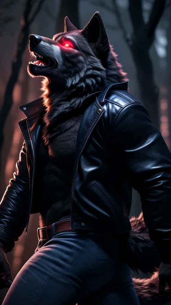 Posing, Male, 30 years old, (howling:1.8), (black leather jacket:1.8, anthro, wolf ears, (black fur:1.5), wolf, forest background at night, 8k, hi res, (best quality, masterpiece), red glowing eyes, (wolf tail:1.5), detailed fur, realistic, blue jeans