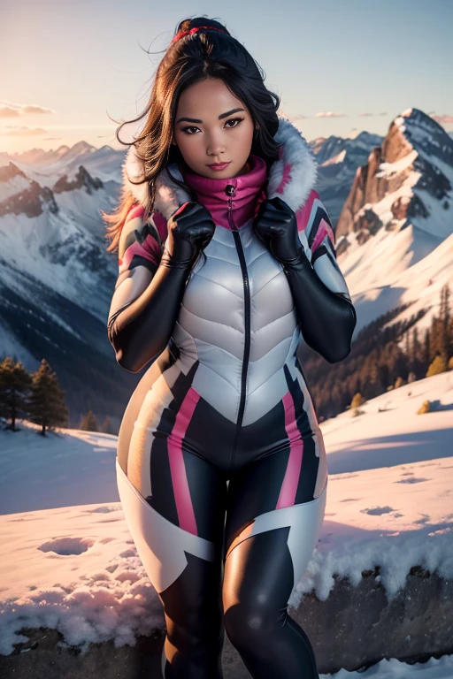 1girl, solo, masterpiece, high quality, high detail, 8k, volumetric lighting, subsurface scattering, beautiful 25 year old woman, pacific islander,blushing, skin tight snow suit, snow boots, mountain top, snow, sunshine, clear sky, sexy pose, seductive pose