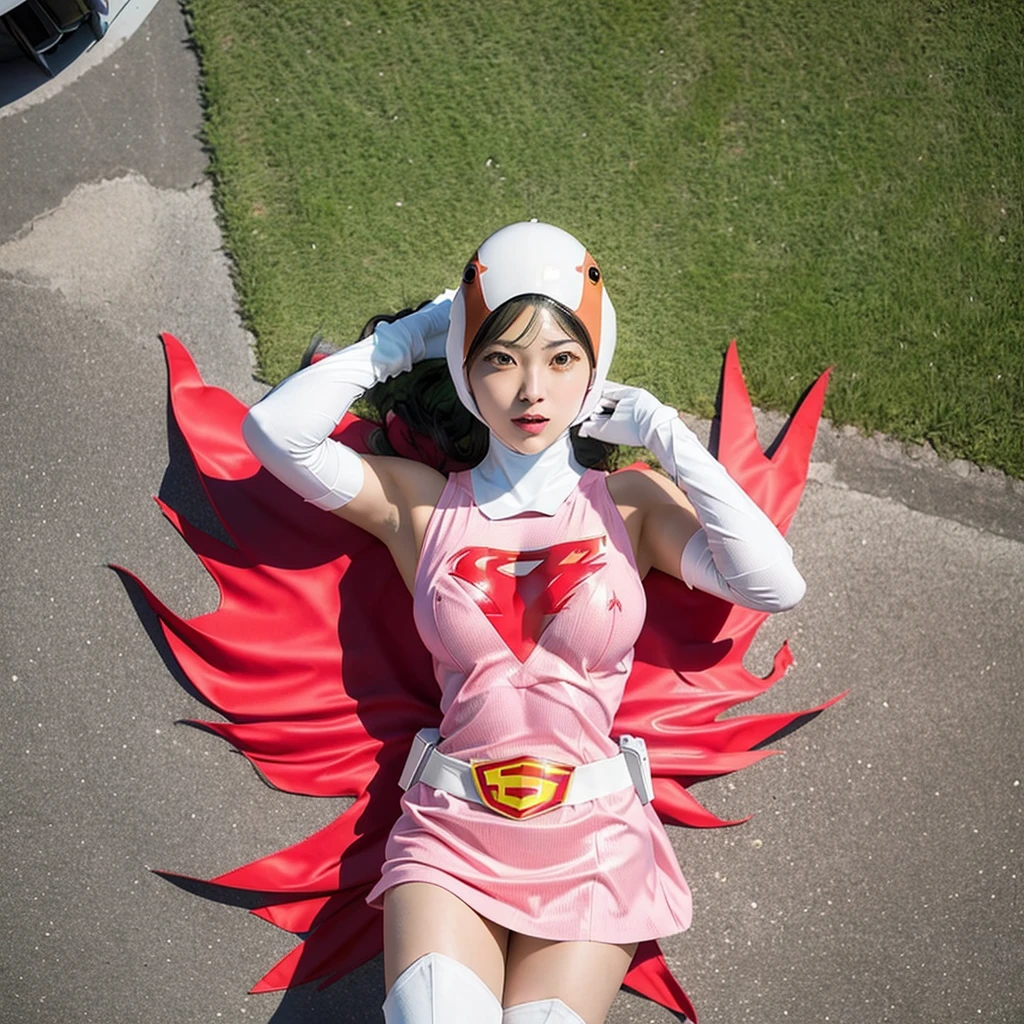 ANI_CLASSIC_jun_gatchaman_ownwaifu,1girl, ,good anatomy, masterpiece, best quality,realistic, hyperrealistic, 16k hdr, long hair,breasts,green eyes,lips,large breasts,lipstick,makeup,gloves,cape,helmet,belt,elbow gloves,white gloves,mask,ultra miniskirt,leotard,spacesuit,white tight overknee highheels boots,pink dress,superhero,bodysuit,cleavage,erected nipples,(lying flat poses, view from above),cameltoe