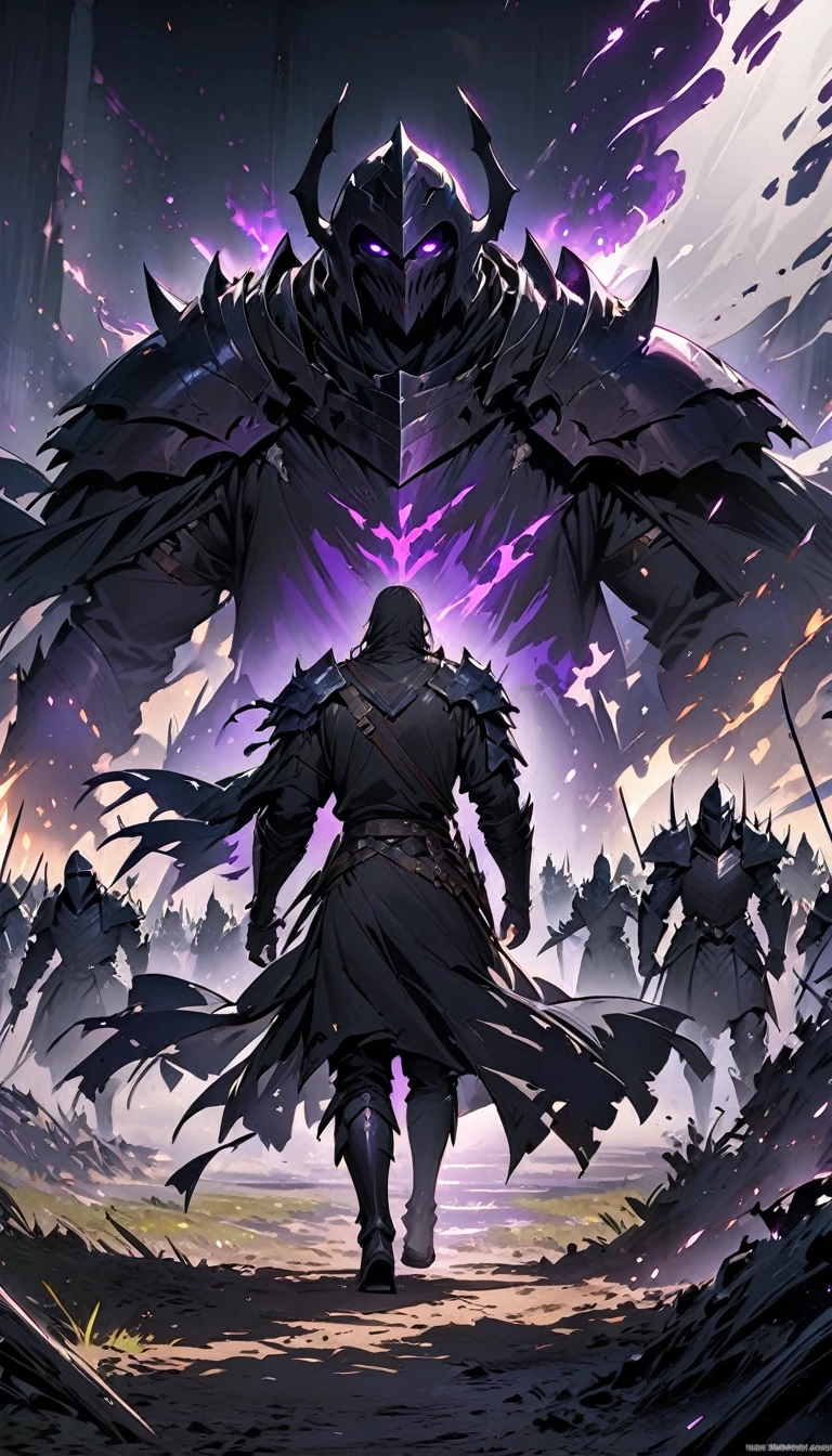 male black shadow ghost knight walking away from a battlefield, shadow, black, knight, ghost knight, full body view, facing front, shadow knight, glowing purple eyes, black smoke, dark, masterpiece, masterpiece lighting, many knights kneeling