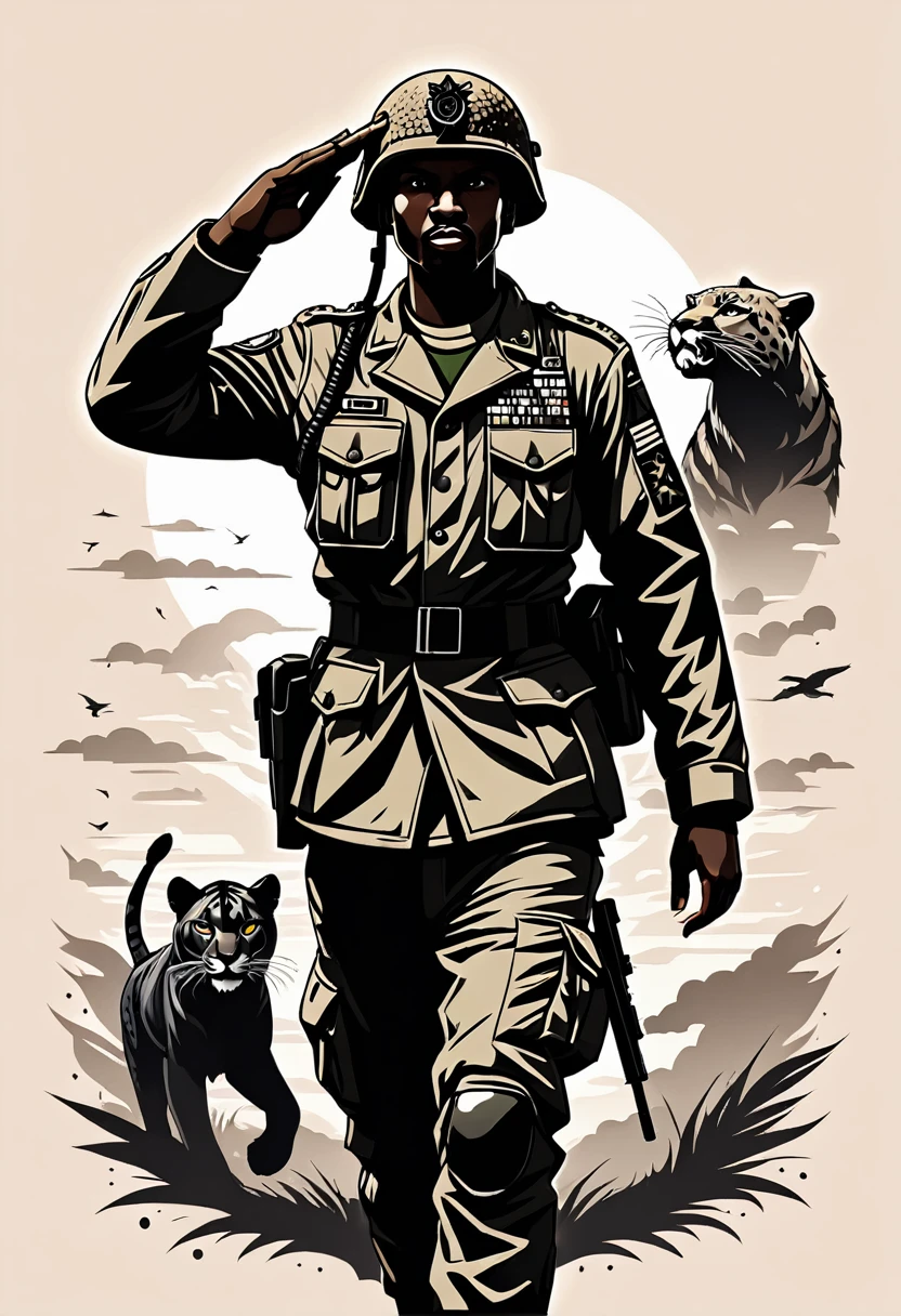 a black and white illustration depicting a silhouette of a saluting soldier, which merges with angry panthers, perfectly integrated into the design of the background, very realistic, vector style, African look, military tattoo style, 8k, very detailed, centered on a simple white background, it is a representation of joy, strength and hope, with contrasts high, in an artistic fresco style, typography, illustration