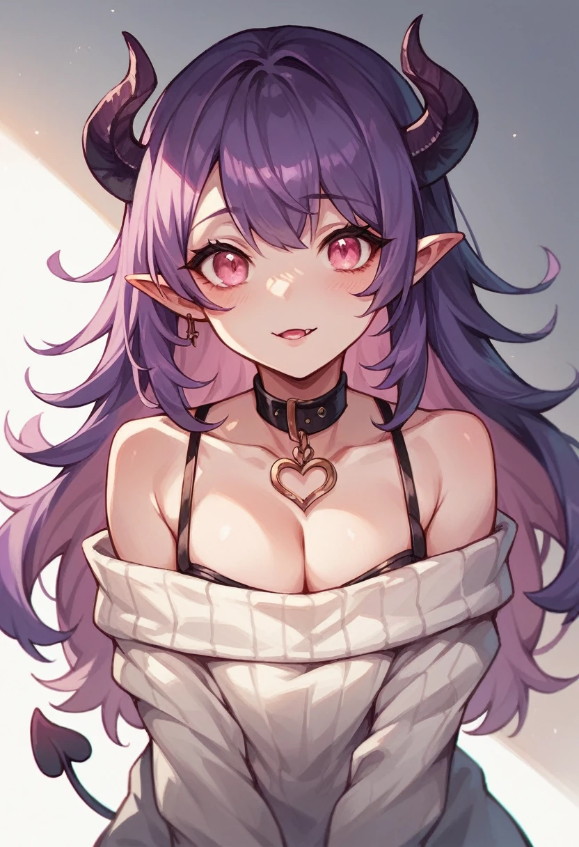 Succubus Purple hair , pink eyes , cute and charming fave , seductive body with E-cup boobs