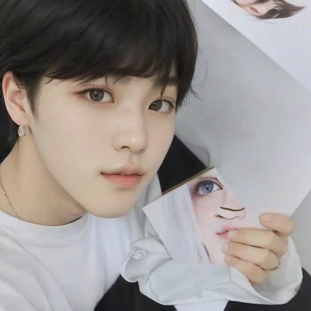 blurred photo of a person holding a photo of a girl, park Jimin, Jimin\the Greek nose, Jimin, Jimin\the full lips, accurate Jimin face, Jimin\the right eyelid is swollen, Kim Doyoung, Tae June Kim, hyung tae, jung jaehyun, Yoongi with black hair, Hong Jun Hyung, adorable and pale korean face