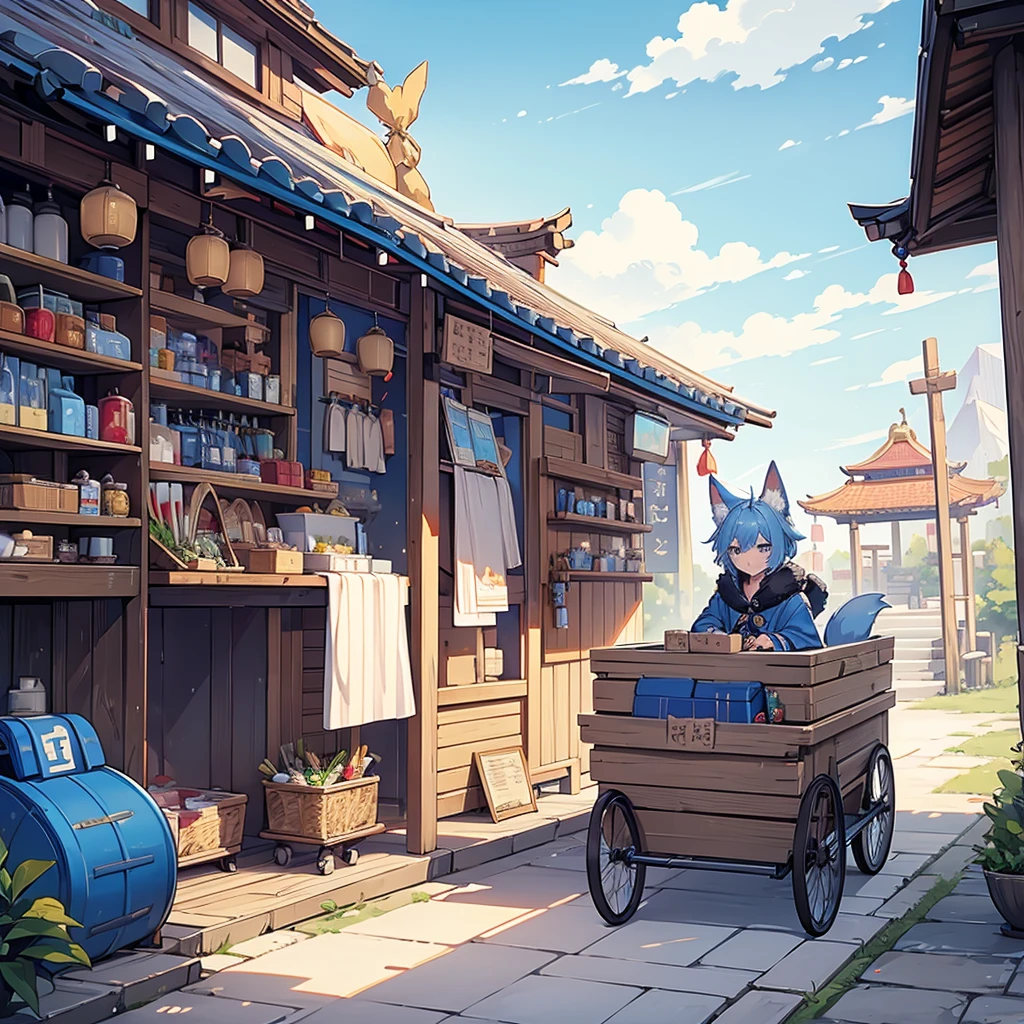 male, kitsune, caravan clothing, has blue ears, has blue fur, cart with nick-nacks behind him, selling stuff, shrine 