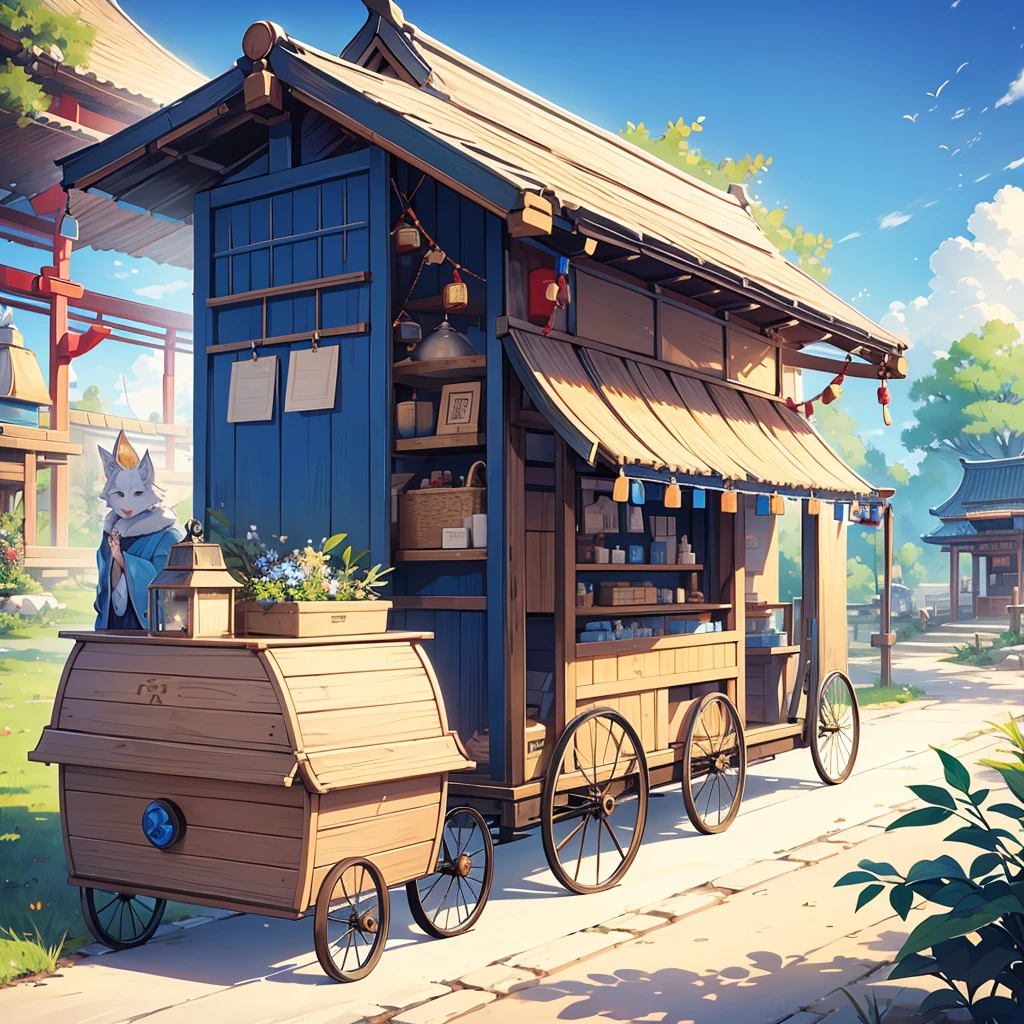 male, kitsune, caravan clothing, has blue ears, has blue fur, cart with nick-nacks behind him, selling stuff, shrine 