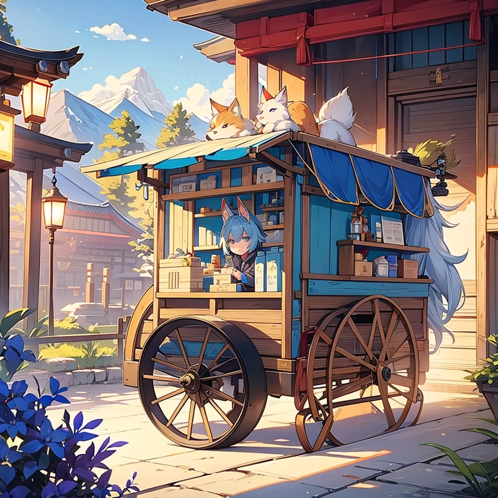 male, kitsune, caravan clothing, has blue ears, has blue fur, cart with nick-nacks behind him, selling stuff, shrine
