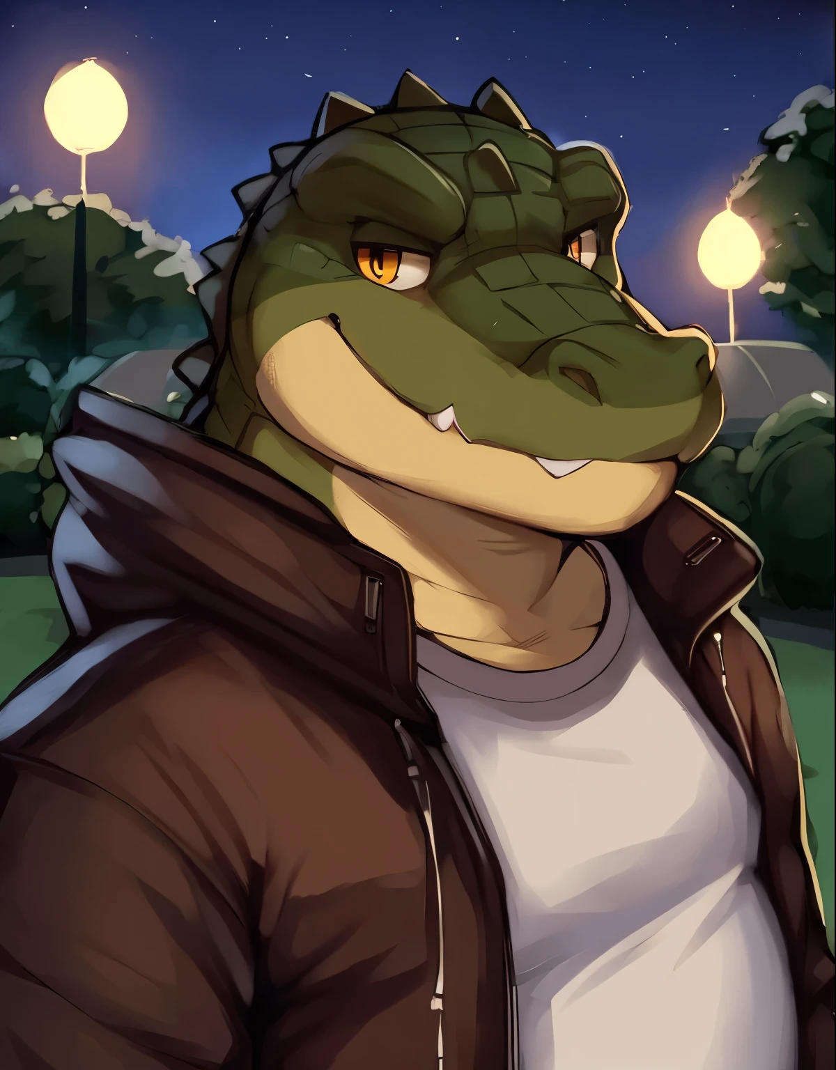 by zackary911, alligator , amber eyes ,clothed, standing, park, manly, looking at viewer, plump ,close up, solo, portrait , casual wear, night, chubby, jacket, smiling, old