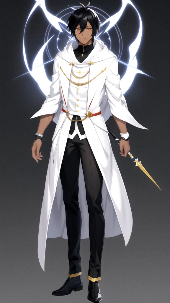 Anime style，Full body，male，dark skin，short black hair with white highlights，wizard，Minimalist background