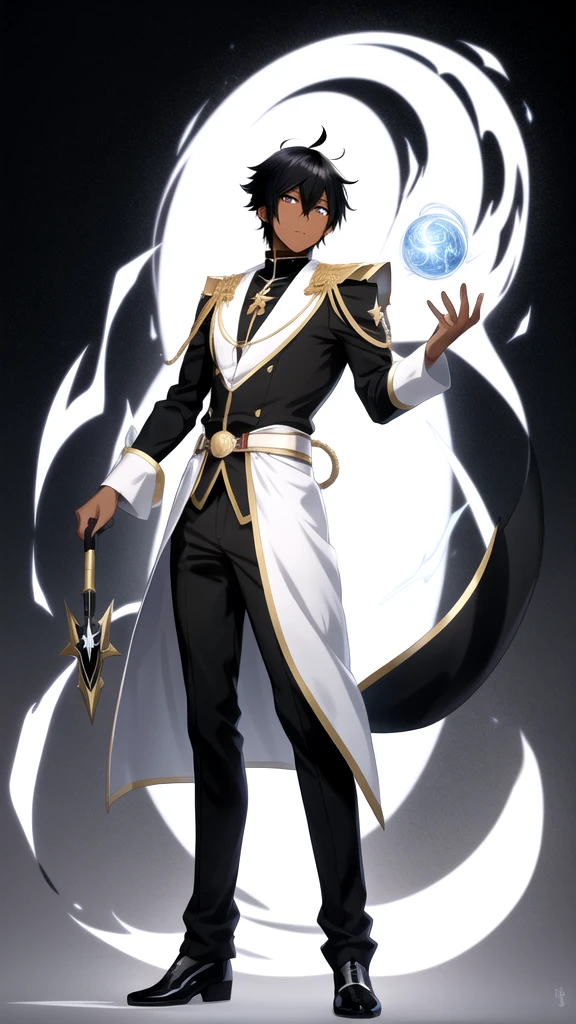 Anime style,Full body,male,dark skin,short black hair with white highlights,wizard,Minimalist background